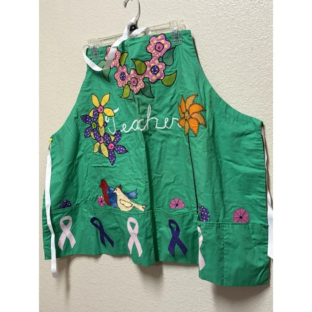 Handmade Awareness Apron artisans Smock Teacher Hand Embroidered Green 32